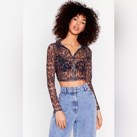Nasty Gal Tops - NWT Sheer Animal Cropped Zip Shirt